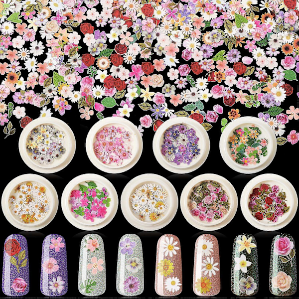 9 Ask 3D Blommor Nagelkonst Sekvenser Dekaler Klistermärke Färgglada Blandade Blommor Blad Design Skiva Nagelflingor för Nagel Ansikte Kropp Dekoration DIY Hantverk