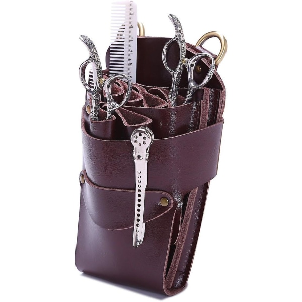 Brun-frisörsaxväska med bälte, salongsaxväska, förvaringslåda för frisörsax, äkta läder