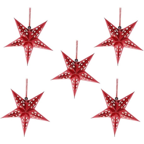5 pappersinslagna stjärnlyktor - 45 cm - Juldekoration (röd) Lämplig för bröllop, födelsedagsfester, heminredning, jul, halloween