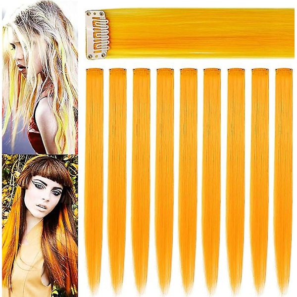 9 stk oransje hårdeler farget hår extensions klips inn/på for jenter og dukker hårtilbehør parykkdeler for barn (oransje), WZ-1760R