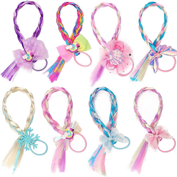 8 stycken färgade flätor hårförlängningar med gummiband hästsvansar hårsnoddar regnbågsfärg syntetiska hårstycken glitter flätade hårförlängningar för W