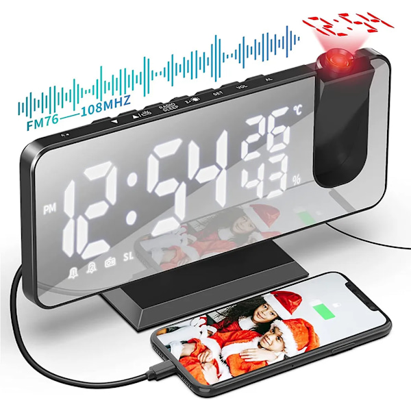 LED digital väckarklocka med 180° projektion, stor LED-display med USB-port, snooze dubbelalarm, 4 projektionsljusstyrkor med automatisk dimmer