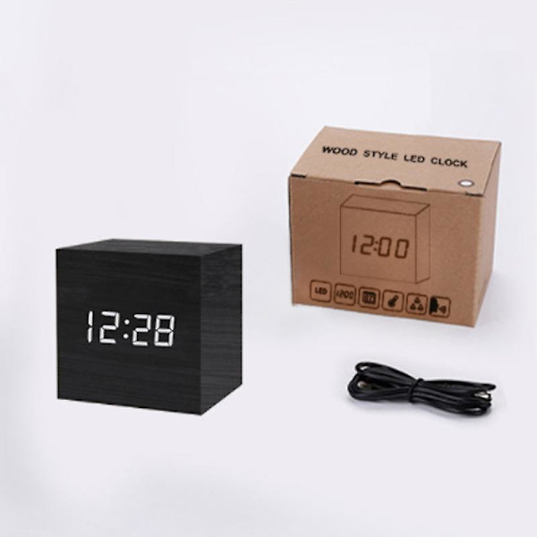 Kvadratisk träväckarklocka barn student elektronisk klocka mini röstaktiverad LED träklocka（gul）