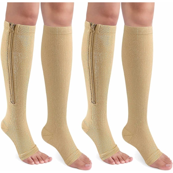 2 par dragkedja kompressionsstrumpor för kvinnor och män, 15-20 mmHg öppna tå knähöga stödstrumpor för åderbråcködem-S/M/Färg: Beige