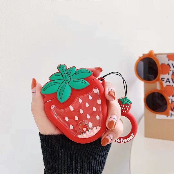 Quicksand Strawberry-fodral Kompatibelt med Airpods 1/2, Söt 3D Cartoon Rolig Kul Barn Flickor Tonåringar Omslag, Cool Bling Glitter Mode Silikon Ch