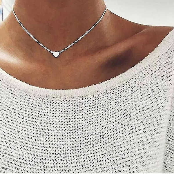 Halskjede Enkelt Hjerteanheng Kragebeinskjede Choker Elegant Smykketilbehør Til Kvinner Jenter（Sølv）