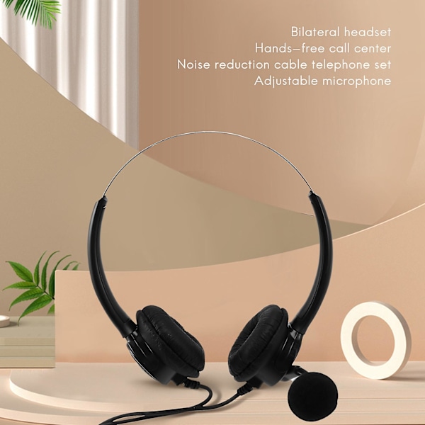 VH500D RJ9 Bilateral Hörlurar Handsfree Samtal Brusreducerande Sladd med Justerbar Mikrofon för Tele（Svart）