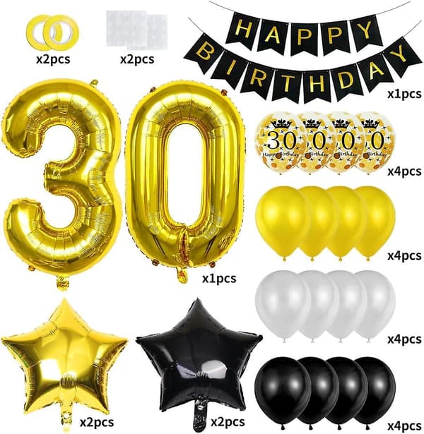 30-årsdagsvurdering i sort gull - Banner, ballonger og mer