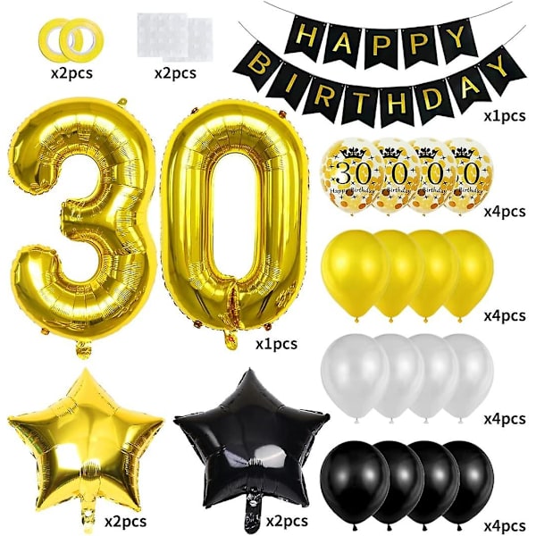 30. fødselsdagsfest i sort og guld - banner, balloner og mere
