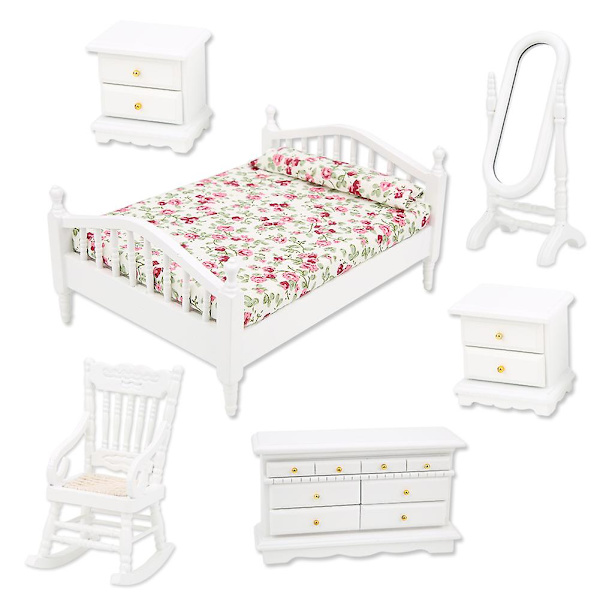 1:12 Mini Möbler Dubbelsäng Lång Spegel Sängbord Stol Skåp Dockhus Tillbehör 6st / Set