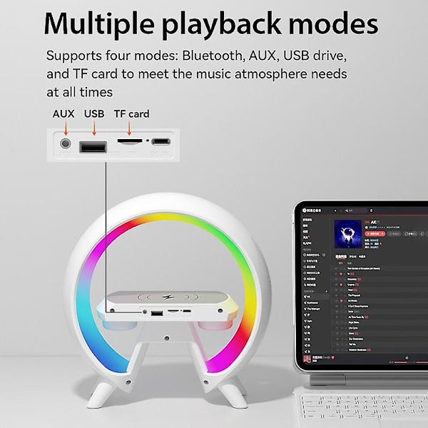 Multifunksjonell klokke Bluetooth-høyttaler lite nattlys med trådløs lader soverom atmosfærelys