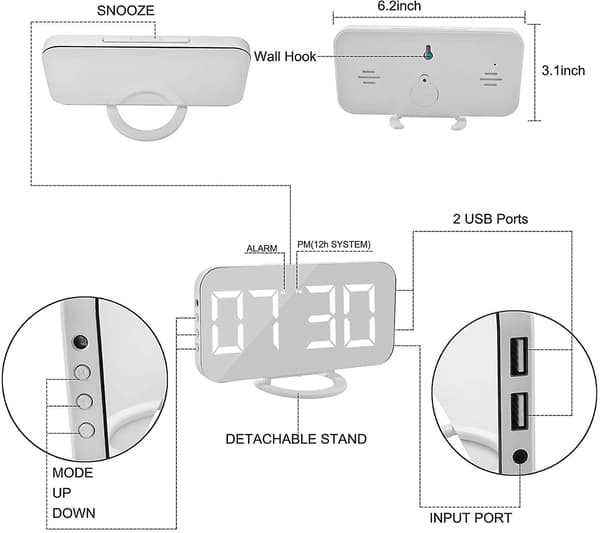 Digitalt vækkeur, spejloverflade LED elektroniske ure, med USB-oplader, snooze-model