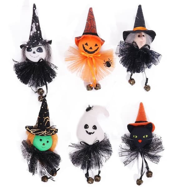 Sæt med 6 hængende Halloween-dekorationer Minifigurer Græskar Sort Kat Spøgelse Heks til Fest og Hjem