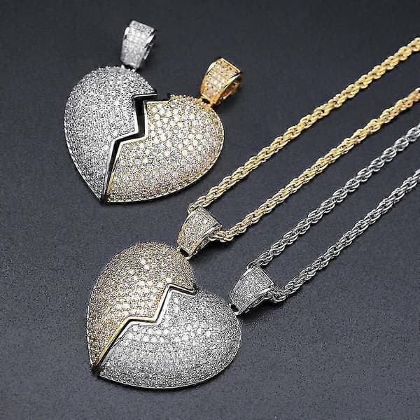 2-i-1 Hjärta Patchwork Halsband Hip Hop Stil Hänge Herr- och Damaccessoarer (Guld Silver Patchwork Par)