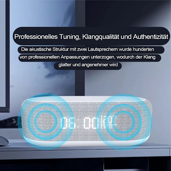 Digital väckarklocka med trådlös laddning, multifunktionell väckarklocka med temperaturvisning, nattlampa, högtalare, svart