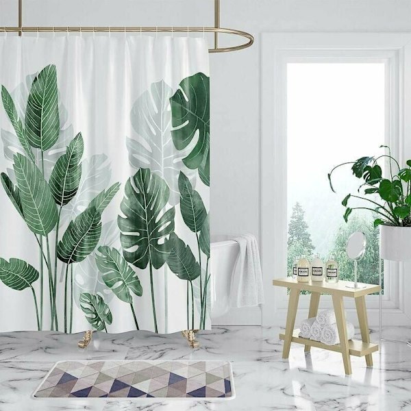 Mögelbeständig Duschdraperi 180x200cm Gröna Bladmönster Vattentät Polyester Tvättbar Duschdraperi Ringar