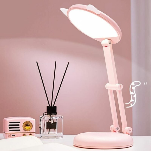 LED-lampa, barnbordslampa, kattöra rosa flickans sänglampa, bordslampor, justerbar ljusstyrka, skrivbordslampa för barn, dimbart ljus för läsning