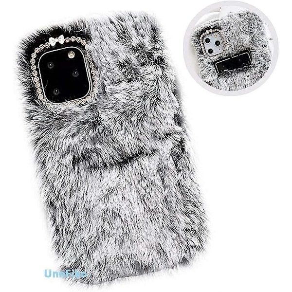 Plush Plånboksfodral Kompatibelt med iPhone 11, Bling Diamant Fluffig Mjuk Päls TPU-fodral Plånboksöverdrag med Kortfack för Flickor Kvinnor (Plånboksgrå, iP