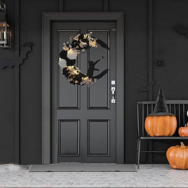 1 krans, Halloween, katt, måne, blommor, höstdekoration, veranda, entré.