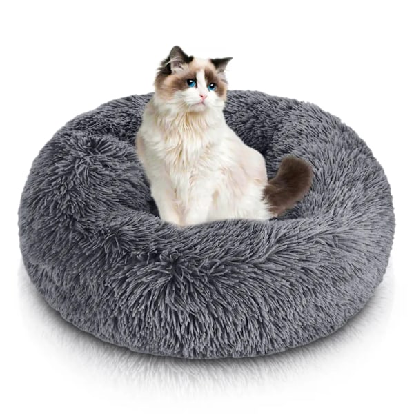 60cm Rund Hundebett Fluffy Katteseng Vaskbar Hundepute Myk Plysj Donut Kjæledyrseng for Katter Hunder, Mørk Grå