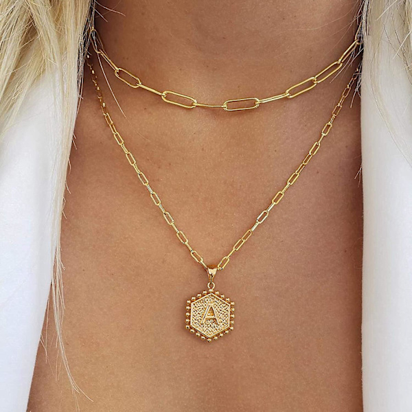 Snygga Lager-Initialhalsband för Kvinnor, 14k Guldförgylld Pappersklippskedja Halsband Enkelt Sött Hexagon Brev Hänge Initial Choker Halsband Guld L