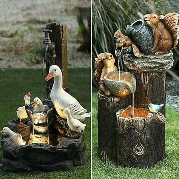 Solar ekorre anka fontän harts staty, trädgård dekoration tryck vatten skulptur anka