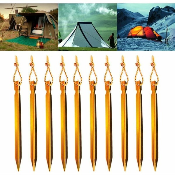 Teltstabel, spikerteltstabel, 10 stykker aluminiumslegering utendørs campingteltstabel, med reflekterende tau, veldig egnet for campingturer (18cm, gull)