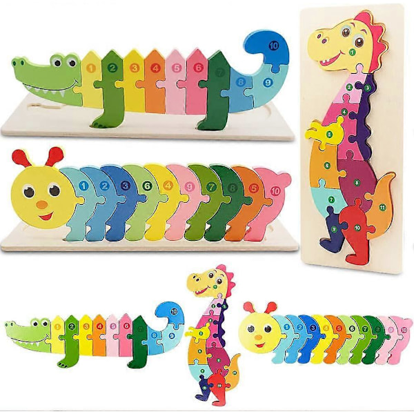 Pussel för småbarn, träpussel för småbarn, 3 set med djurpussel dinosaurie krokodil mask, färgglada träpussel med nummer för spädbarn barn förskola