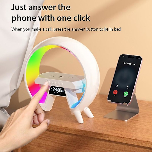 Multifunksjonell klokke Bluetooth-høyttaler lite nattlys med trådløs lader soverom atmosfærelys
