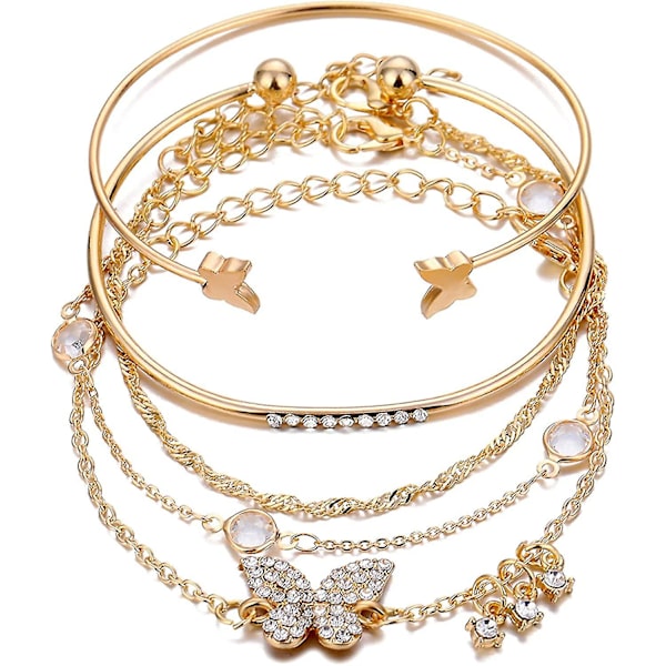 Lagdelt stablet kæde sommerfugl honningkage armbånd bangle sæt boheme papirclips rhinstenperle til kvinder pige teenager teenager 14k guldbelagt dyr