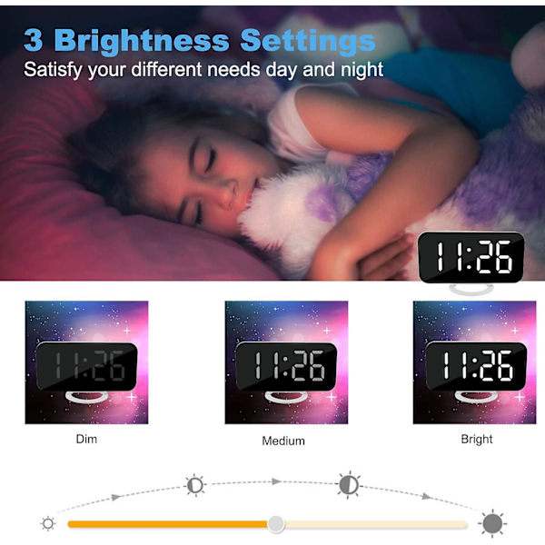 Digitalt vækkeur, spejflade LED elektroniske ure, med USB-oplader, snooze-model