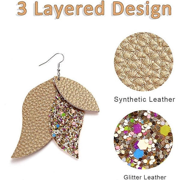 14 Par Leatherörhängen 3-Lagriga Lätta Konstläder Lövörhängen Lagerdesign Droppörhängen Glitter Hängande Örhänge Presentset för Kvinnor