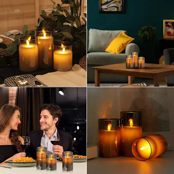 3-delade LED-flamlösa ljus med fjärrkontroll och timerfunktion, LED-ljus 4/5/6 tum batteridrivna vaxlampor, grå