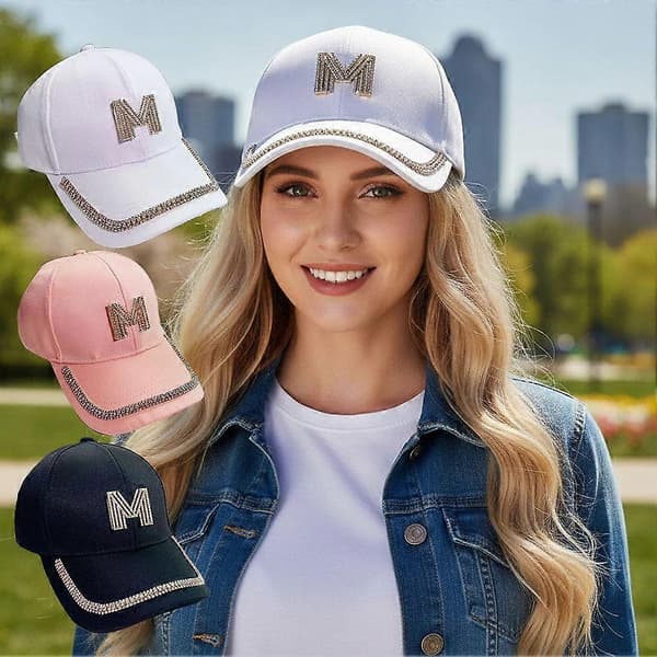 Baseballcaps med Rhinestone-bokstav M - Justerbar passform med glitrende detaljer White
