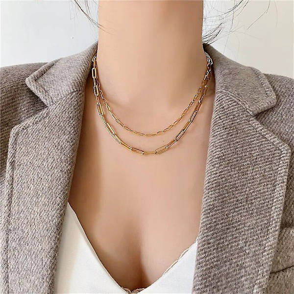 Enkel rustfri stål anløbsfri forgyldt oval kæde halskæde til kvinder, multifunktionel choker halskæde, moderigtig gave (42 cm, DYN030B)