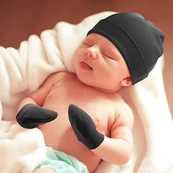Dww-4 st babyhattar och babyvantar 0 - 6 månader (svart, vit, grå, ljusblå) ny babyhatt - n söt stickad babypojkehatt barnhatt