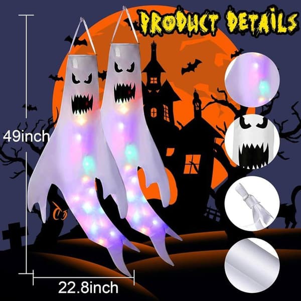2 st Halloween Spökvimplar med Lampor – Inomhus/Utomhus Hängande Dekoration för Halloweenfester