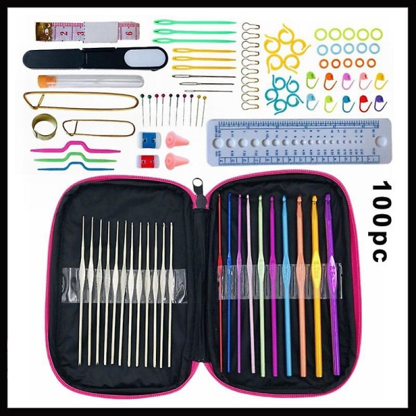 Virkat set 100 delar stickverktygstillbehör, rosa case, handverktyg