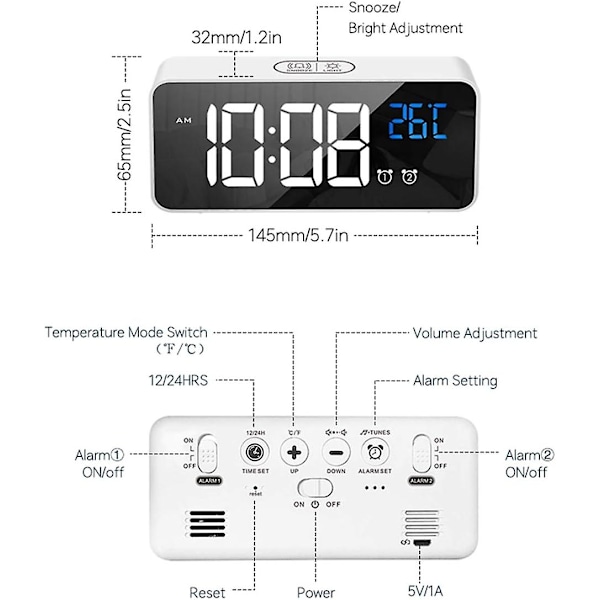Digital väckarklocka, LED-väckarklocka med snooze-funktion, USB-portladdning (vit)