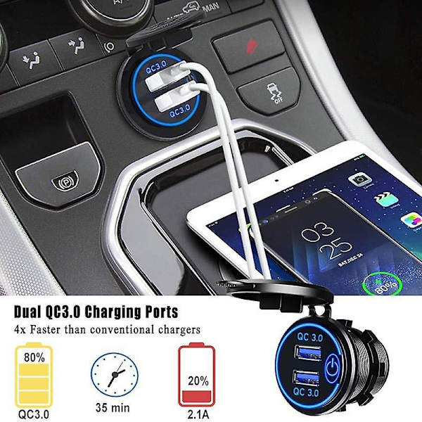 Qc3.0 Dubbel USB-billaddare Vattentät 12v/24v Snabbladdare Uttag Strömuttag Med Touch-brytare