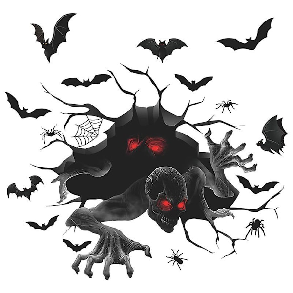 Dww-Broken wall red eyes skulls bat Halloween bedroom interior decoration wall stickers