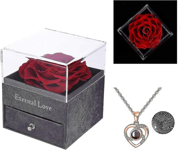 Konserverad Äkta Ros med Jag Älskar Dig Halsband på 100 Språk Presentförpackning