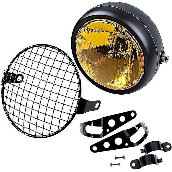 Retro Vintage Motorsykkel Universal Side Mount 35W 6,5 tommers Amber Frontlykt Caf med Grill + Brakettsett