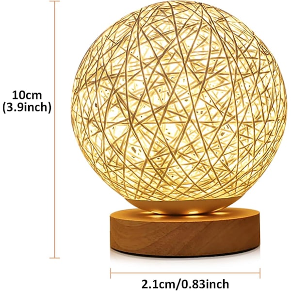 Træbordlampe, LED-natlygtelampe med håndstrikket flettet rattan kugle og USB-oplader (hvid)