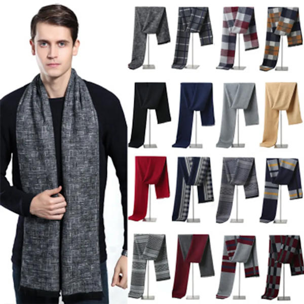 Herrscarf i ullbland, rutig, mjuk, trendig, finstickad halsduk med fransar för män, varm, klassisk och elegant rutig