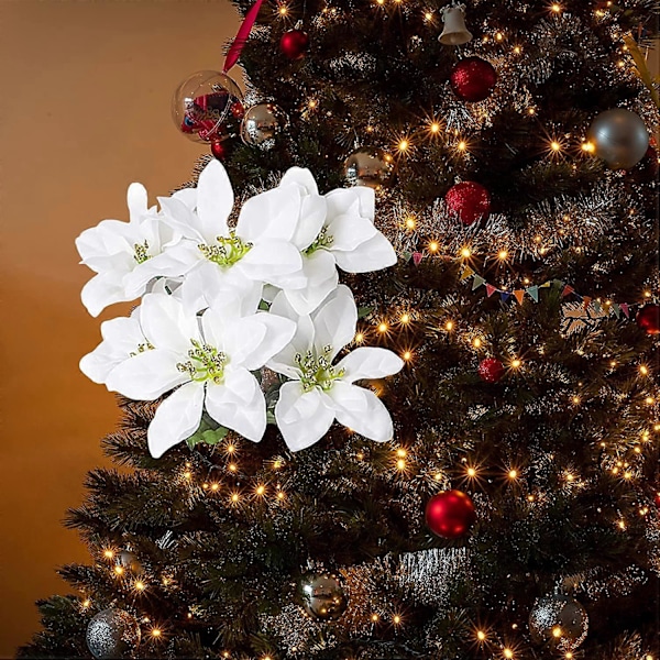 6 st konstgjorda julstjärnebuskar, 7-huvud silkeskonstgjorda julstjärnebukett, röda julstjärnebuskar julblomsterbukett för hemträdgård I