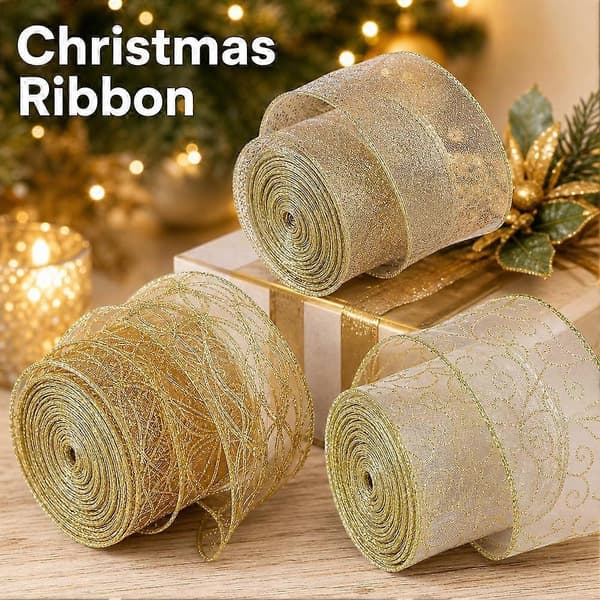 Julesatinbånd 200 cm til gaveindpakning og dekoration, guld, polyester, robust Transparent