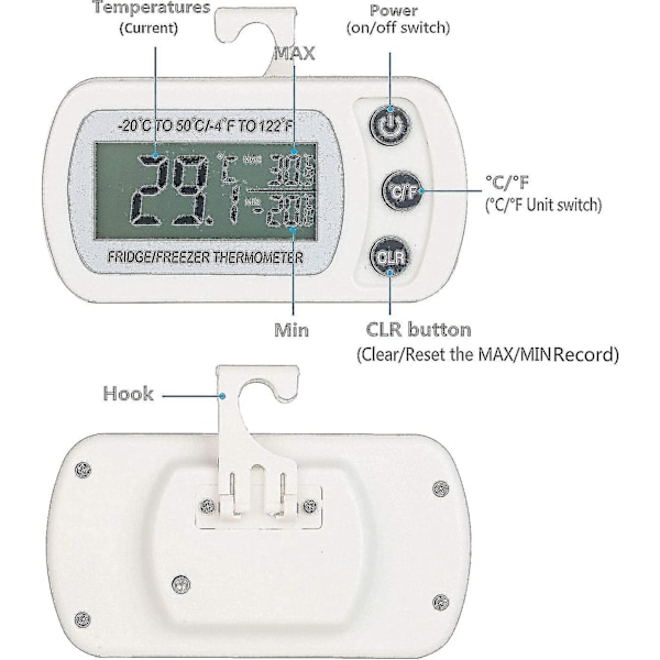 2 stk. digitalt kjøleskap fryser termometer temperatur -20 til 50 C med krok, enkel å lese LCD-skjerm, maks min opptaksfunksjon (hvit)