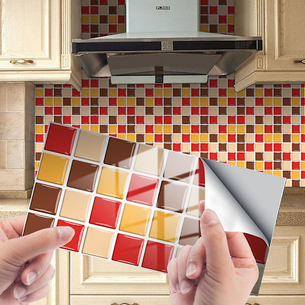 Dww-24 Pices Petites Grilles Autocollantes 10x20cm-Rouge Jaune, Cuisine Salle de Bain Stickers Bibliothque, PVC Stickers, Vintage Wall Stickers Waterp