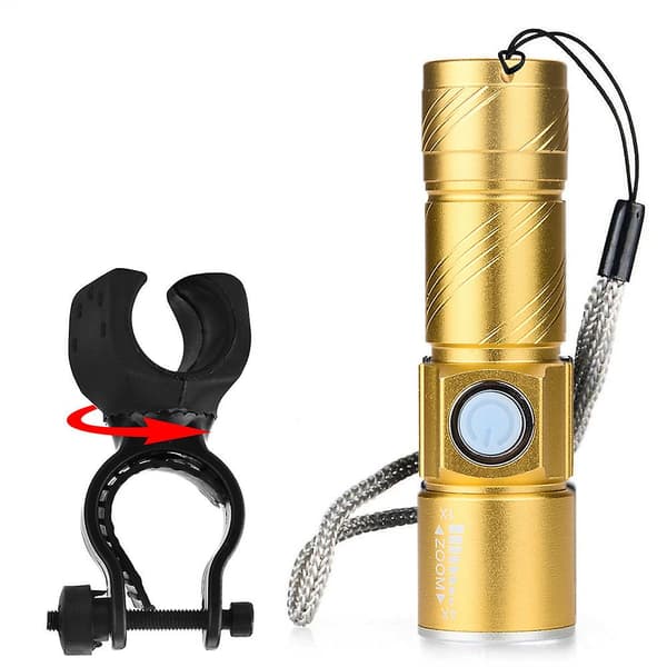 USB-ladattava polkupyörän taskulamppu LED-pyörä + pidike (kulta)